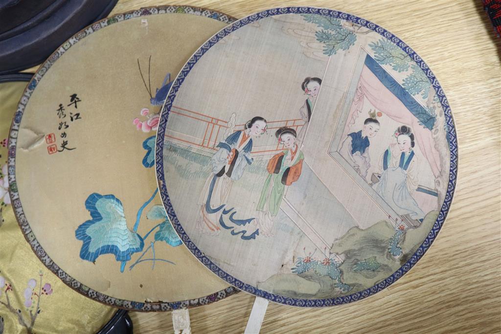 Six Chinese painted silk and ivory handled fans, late 19th/early 20th century